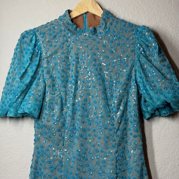 Queen of Sparkles Turquoise Blue Sequin Short Sleeve Dress Size Small - Picture 2 of 9